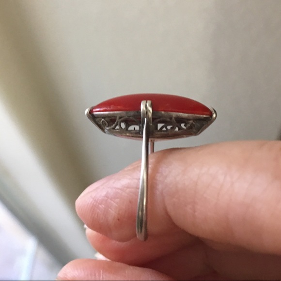 Japanese antique faux red coral silver ring - Picture 7 of 14